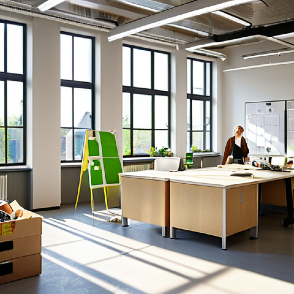** A modern Swedish office interior. Employees are actively participating in a brainstorming session about sustainability initiatives. Sunlight streams through large windows, highlighting energy-efficient LED lighting. A recycling station is visible in the background, emphasizing waste reduction efforts. The overall feel is collaborative and focused on environmental responsibility.

**