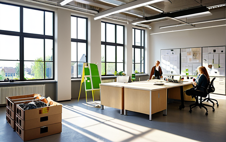 ** A modern Swedish office interior. Employees are actively participating in a brainstorming session about sustainability initiatives. Sunlight streams through large windows, highlighting energy-efficient LED lighting. A recycling station is visible in the background, emphasizing waste reduction efforts. The overall feel is collaborative and focused on environmental responsibility.

**